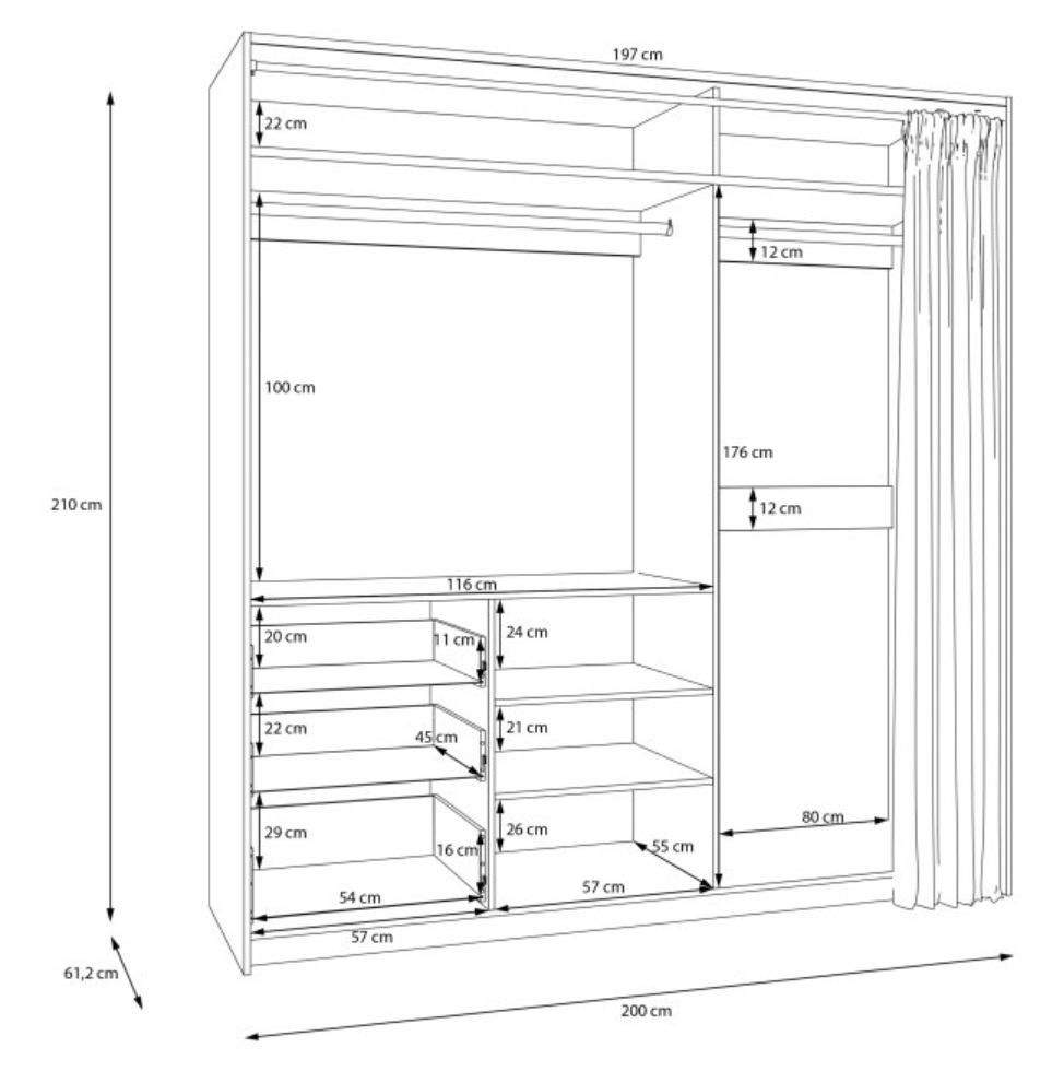 Supplied wardrobe drawing showing internal storage dimensions